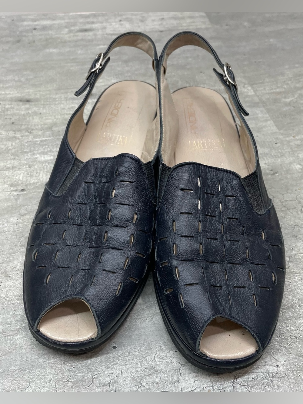ARTIKA Black Woven Leather Slingback Peep-Toe Sandals - Cutout Detail